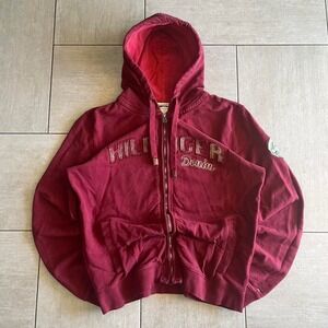 Hilfiger Denim Mens Full Zip Hoodie Burgundy Distressed Logo XXL